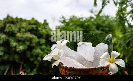 Ein Korb, gefüllt mit weißen Alaun-Kristallen, sitzt auf einem leuchtend grünen Strauchhintergrund. Die Kontrastfarben heben die Reinheit des Alaums gegenüber dem hervor Stockfoto