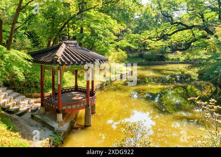 Fantastischer Blick auf den farbenfrohen Pavillon im geheimen Garten von Huwon im Changdeokgung Palace. Stockfoto