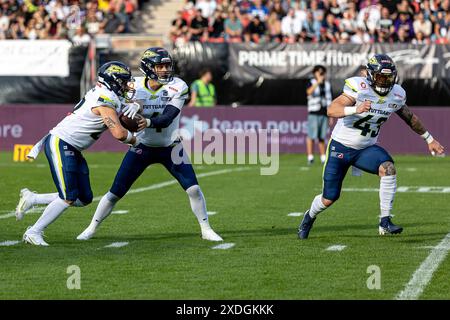 Nicolas Khandar (Stuttgart Surge, #22), Reilly Hennessey (Stuttgart Surge, #04), Leon Helm (Stuttgart Surge, #43), Munich Ravens vs. Stuttgart Surge, American Football, European League of Football, 5. Spieltag, 22.06.2024 Foto: Eibner-Pressefoto/Guener Santemiz Stockfoto