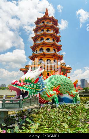Kaohsiung, Taiwan - 30. April 2019: Fantastischer Blick auf die Drachen- und Tigerpagoden am Lotus Lake. Der Tempel ist eine beliebte Touristenattraktion Asiens. Stockfoto