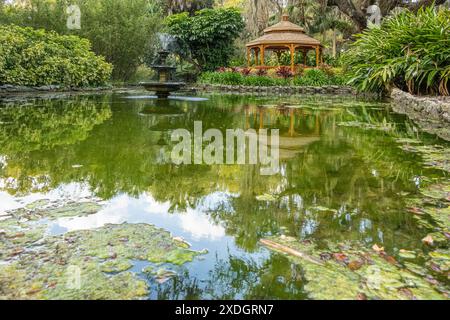 Gartenlaube und Brunnen in den exquisiten formellen Gärten des Washington Oaks Gardens State Park in Palm Coast, Florida. (USA) Stockfoto