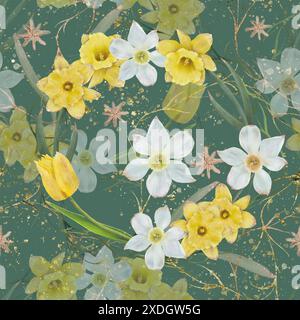 Ein raffiniertes und detailliertes Blumenmuster mit gelben und weißen Blumen auf dunkelgrünem Hintergrund. Digitales nahtloses Muster für den Druck auf Stoff und Papier. Stockfoto