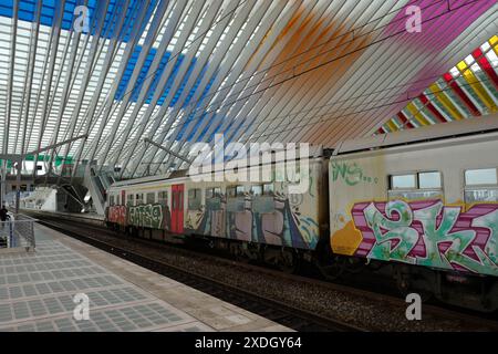 Zug mit Graffiti am Bahnhof in Lüttich Stockfoto