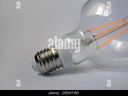 Glühlampe. LED-Glühlampe. Bild des Energie- und Lichtkonzepts. Fokus auf Lampenbajonett. Stockfoto