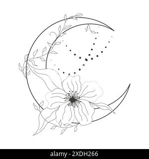 Elegante dünne Linie Mondblume Kontur Tattoo, florales spirituelles mystisches Element, esoterische Boho Magie Illustration, Linie, Blätter und Dore Dekoration. Vektorabbildung Stock Vektor