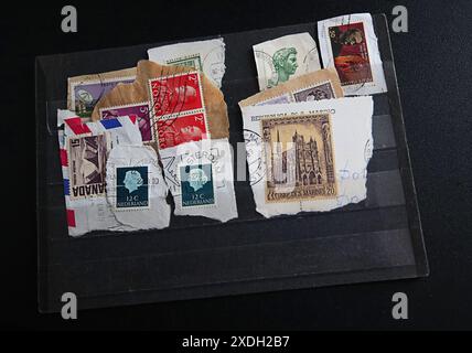 Philatelisammlung: Verschiedene gebrauchte Briefmarken, die aus Briefen oder Postkarten geschnitten sind Stockfoto