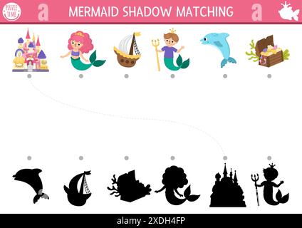 Meerjungfrauen-Schatten-Matching-Aktivität mit Meermann, Schatzkiste, Schloss. Märchenhaftes Ozeanreich-Puzzle mit süßen Mädchen mit Schwänzen. Finde die richtige Silhouette Stock Vektor