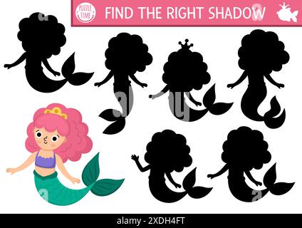 Meerjungfrauen-Schatten passen zu Aktivität mit Meeresprinzessin. Märchenhaftes Ozeanreich-Puzzle mit süßem Mädchen mit Schwanz. Finden Sie die richtige bedruckbare Workshe für die Silhouette Stock Vektor