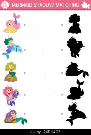 Meerjungfrauen-Schatten-Aktivitäten mit Meerprinzessinnen. Märchenhaftes Ozeanreich-Puzzle mit süßen Mädchen mit Haustieren. Finden Sie die richtige bedruckbare Silhouette Stock Vektor