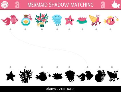 Meerjungfrauen-Schatten-Aktivitäten mit Seesternen, Quallen, Fischen, Algen. Märchenhaftes Ozeanreich Puzzle mit. Finden Sie die richtige bedruckbare Silhouette Stock Vektor