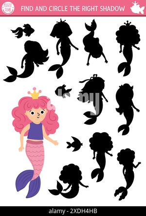 Meerjungfrauen-Schatten passen zu Aktivität mit Meeresprinzessin. Märchenhaftes Ozeanreich-Puzzle mit süßem Mädchen mit Schwanz. Finden Sie die richtige bedruckbare Workshe für die Silhouette Stock Vektor