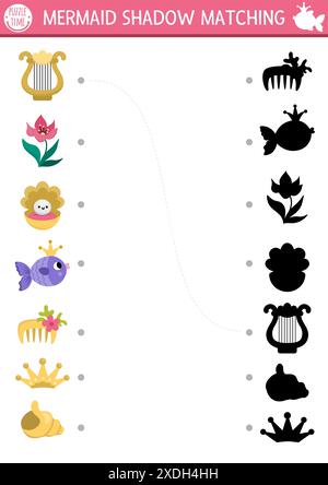 Meerjungfrau-Aktivität mit dem Accessoire für Meerjungfrauen-Schatten. Märchenhaftes Ozeanreich-Puzzle mit süßem Kamm, Fisch, Muschel. Finden Sie die richtige Silhouette p Stock Vektor