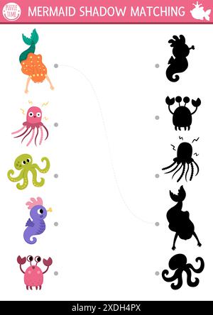 Meerjungfrauen-Schatten-Aktivitäten mit Wassertieren. Märchenhaftes Ozeanreich-Puzzle mit süßem Mädchen, Oktopus, Seepferdchen. Suchen Sie die richtige Silhouettendruckseite Stock Vektor