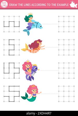 Meerjungfrau Zeichnen, Schreiben, Nachzeichnen, Raumorientierung für Kinder mit Meeresprinzessinnen. Zeichnen Sie die Linien in einem quadratischen Feld gemäß dem Beispiel. Fairyt Stock Vektor