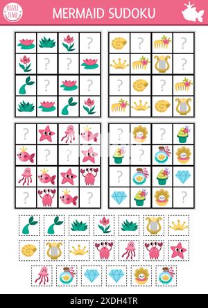 Vektor Meerjungfrau Sudoku Puzzle für Kinder mit Bildern. Einfaches Marine Quiz mit Schnitt- und Klebeelementen. Bildungsaktivität oder Ausmalseite mit Fisch, Tai Stock Vektor
