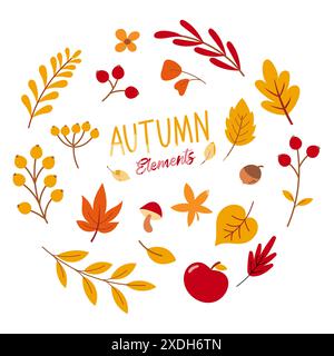 Vektorelement der Herbstsaison. Hintergrund der Herbstblätter, Beeren, Blüten und Eicheln. Stock Vektor