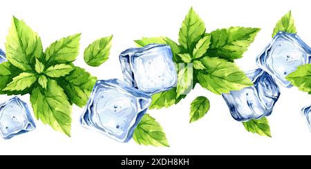 Kristalleisblöcke, nahtloses Brett mit frischen Minzblättern, nahtloses Muster mit handgezeichneten Aquarellzutaten für erfrischende Sommergetränke, bl Stockfoto