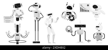 Chatbot-Zeichen, verschiedene KI-Assistenten eingestellt. Niedliche futuristische monochrome Roboter mit freundlichen und glücklichen Gesichtern im Chat-Gespräch, halten Glühbirne, Ausrüstung und Star Cartoon Vektor Illustration Stock Vektor