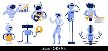 Chatbot-Set mit KI-Charakteren mit verschiedenen Gesten und Objekten. Blaue fortschrittliche Roboter beantworten und helfen Kunden online, Bots mit Diagramm- und Rezensionscode, Ausrüstung und Star-Cartoon-Vektor-Illustration Stock Vektor