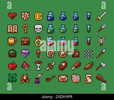Pixel Art Vektor Retro Video Spiel Symbole Schnittstelle Set. Waffe, Nahrung, Gegenstand, Trank, Magie, Schwert, Schild Stock Vektor