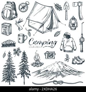 Design-Set für Camping- und Wanderabenteuer. Vektorgrafik von Hand gezeichnet. Camp Outdoor-Reisesymbole isoliert auf weißem Hintergrund Stock Vektor