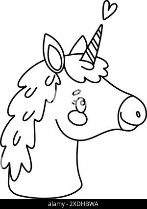 Niedliches magisches Einhorn-Ausmalblatt. Romantisches magisches Pony handgezeichnetes Doodle, Linearkunst isoliert für Grußkarte, Poster, Druck Malbuch für Kinder und Erwachsene. Vektorabbildung Stock Vektor