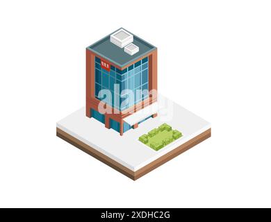 Dreidimensionale isometrische Ansicht zur Darstellung des Gebäudes. Städtisches modernes Stadtdesign, Vektorillustration isoliert auf weißem Hintergrund. Stock Vektor