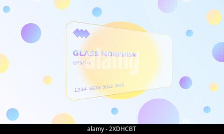 Der Glasmorphismus-Effekt. Transparente mattierte AcrylBankkarten. Orangefarbene Verlaufskreise auf weißblauem Hintergrund. Realistische Glasmorphismus-Matte Stock Vektor