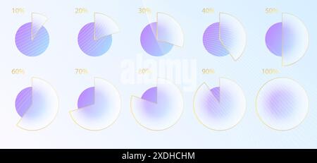 Der Glasmorphismus-Effekt. Set aus transparentem mattiertem Acrylglas in Prozent. Blaue Verlaufskreise auf weißem Hintergrund. Realistisch Stock Vektor