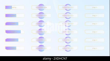 Der Glasmorphismus-Effekt. Set aus transparenten, mattierten Acrylknöpfen und Ladestangen. Blaue Verlaufskreise auf weißem Hintergrund. Realistischer Glasmorphismus Stock Vektor