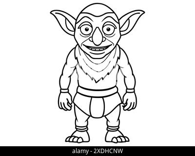 Schwarze Goblin-Umrissillustration isoliert auf weißem Hintergrund. Konzept von Fantasy-Kreatur, Troll, Halloween, mythische Figur, niedliches Monster, Spiel Stock Vektor