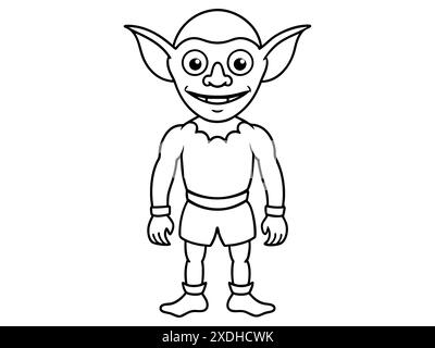 Schwarze Goblin-Umrissillustration isoliert auf weißem Hintergrund. Konzept von Fantasy-Kreatur, Troll, Halloween, mythische Figur, niedliches Monster, Spiel Stock Vektor