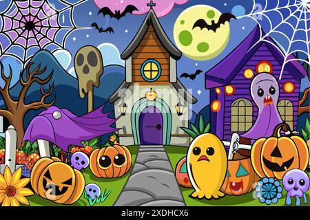 Halloween-Szene im Cartoon-Stil mit Spukhaus, Kürbissen, Geistern, Skelett und anderen gruseligen Elementen. Halloween-Party auf dem Friedhof. Konzept von Stock Vektor