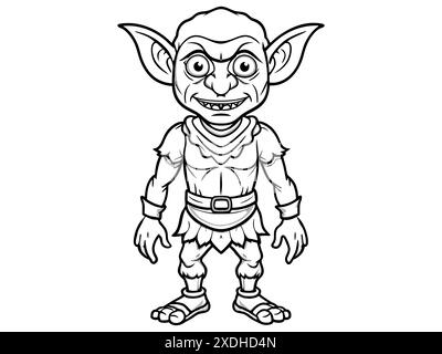 Schwarze Goblin-Umrissillustration isoliert auf weißem Hintergrund. Konzept von Fantasy-Kreatur, Troll, Halloween, mythische Figur, niedliches Monster, Spiel Stock Vektor