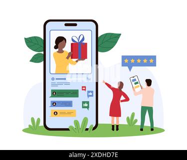 Werbegeschenk mit Preisen auf Social-Media-Blogs, Empfehlungsprogramm und Boni für Freunde. Blogger vom Smartphone-Bildschirm mit Geschenkbox, um kleinen Followern Online-Cartoon-Vektor-Illustration zu geben Stock Vektor