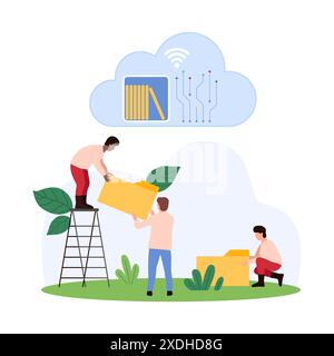 Cloud-Bibliotheksdienst, Datenupload und -Verwaltung, Übertragung und Weitergabe mit Datenschutz. Winzige Leute, die einen digitalen Ordner halten, um Archiv, Backup und Verzeichnis auf Regal Cartoon Vektor Illustration herunterzuladen Stock Vektor