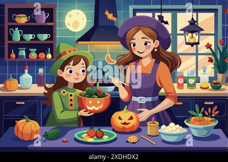 Mutter und Tochter kochen zusammen in einer gemütlichen Küche. Konzept der Familienbindung, Halloween, Heimaktivität, Festtage. Abbildung, Vektor, des Stock Vektor