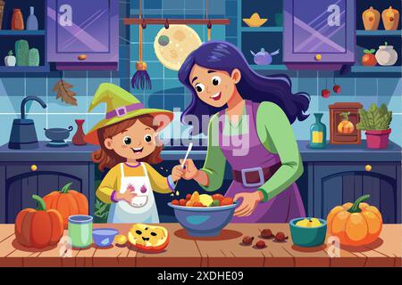 Mutter und Tochter kochen zusammen in einer gemütlichen Küche. Konzept der Familienbindung, Halloween, Heimaktivität, Festtage. Abbildung, Vektor, des Stock Vektor