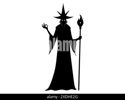 Schwarze Silhouette eines Zauberers auf weißem Hintergrund. Halloween-Konzept, böse Zauberer, magische Fantasy-Figur, Zaubersprüche, minimalistischer Stall Stock Vektor