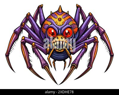 Comic gruselige Spinne isoliert auf weißem Hintergrund. Halloween-Konzept, Arachnid, gruselige Kreatur, gruseliges Monster, buntes Insekt. Drucken, Design e Stock Vektor