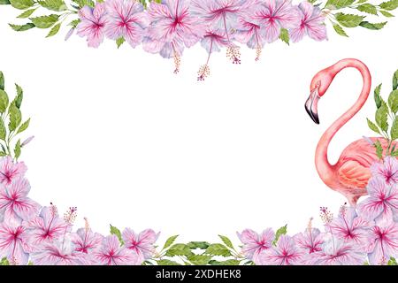 Flamingovogel und rosafarbene Hibiskusblüten mit eleganten botanischen Blättern und Knospen exotischen Grußkarten. Handgezeichnete Aquarellvorlage für Karten, Stockfoto