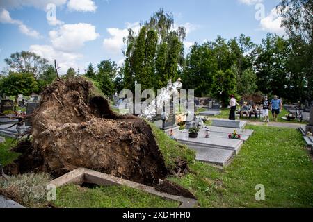 Cesky Tesin, Tschechische Republik. Juni 2024. Windbeschädigter Friedhof nach Nacht- und Morgenstürmen in Cesky Tesin, Tschechische Republik, am 23. Juni 2024. Quelle: Vladimir Prycek/CTK Photo/Alamy Live News Stockfoto