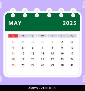 Mai 2025-Kalender. Sonntag beginnt. Vektordesign Stock Vektor