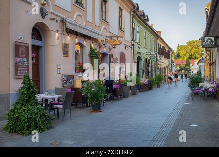 Eger, Ungarn - 5. Juli ,2023 : historische Straße mit Cafés und Geschäften. Hochwertige Fotos Stockfoto