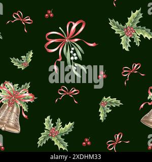Weihnachtsglocke und Mistel mit Bogen und Holly. Nahtloses Muster. Handgezeichnete Aquarellillustration traditionelle Pflanzen und Dekoration für den Winter Stockfoto
