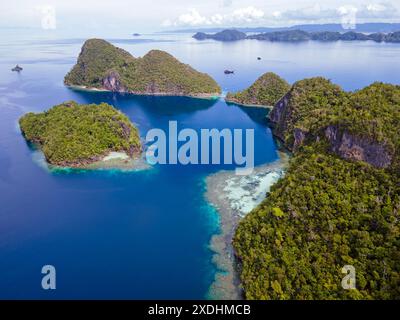 Aus der Vogelperspektive auf Kalksteininseln rund um Misool Island, Raja Ampat Indonesien Stockfoto
