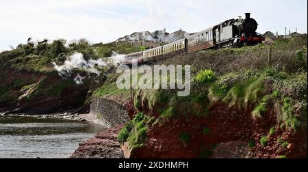 GWR 5205 Klasse 2-8-0 Panzerlokomotive Nr. 5239 Goiliath vorbei an Goodrington Sands auf der Dartmouth Steam Railway in Richtung Paignton. Stockfoto
