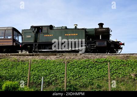 GWR 5205 Klasse 2-8-0 Panzerlokomotive Nr. 5239 Goiliath vorbei an Goodrington Sands auf der Dartmouth Steam Railway in Richtung Paignton. Stockfoto