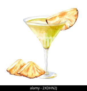 Aquarellcocktail mit Martini in einem Glasbecher. Illustration von Alkohol mit Ananasscheibe isoliert auf weißem Hintergrund. Bar-Design und Menü Stockfoto