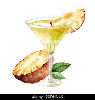 Aquarellcocktail mit Martini in einem Glasbecher. Illustration von Alkohol mit Ananasscheibe isoliert auf weißem Hintergrund. Bar-Design und Menü Stockfoto